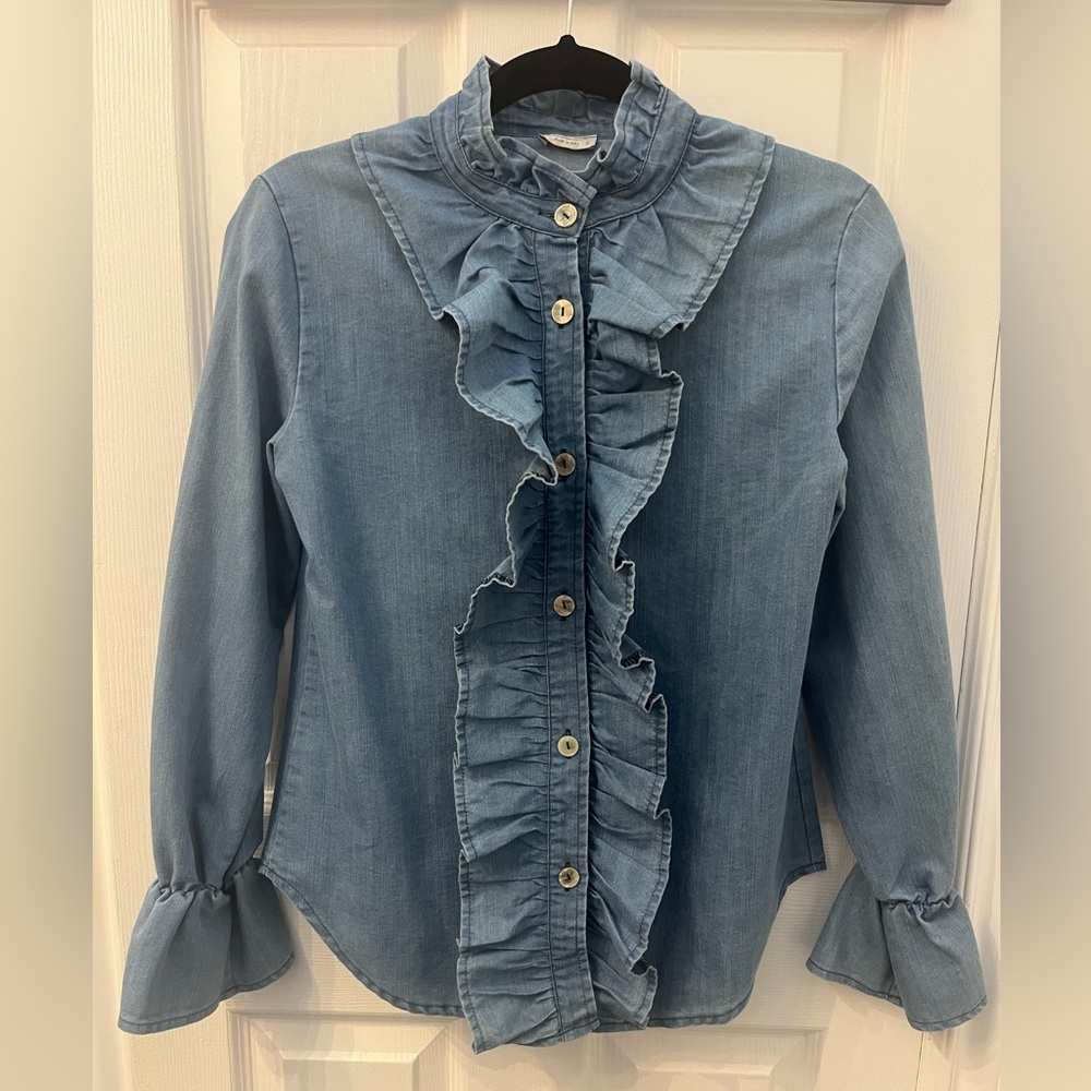 Line@Moda Ruffled Denim Button-Up Shirt - Picture 2 of 8